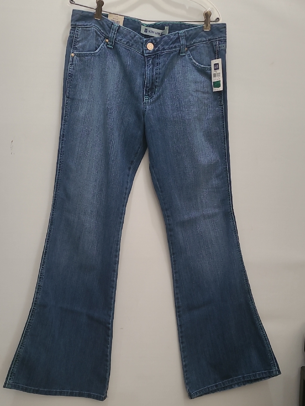 GAP Medium Blue Flared Jeans Ultra Low Rise Patch Pock Green Stiched Detail 14R